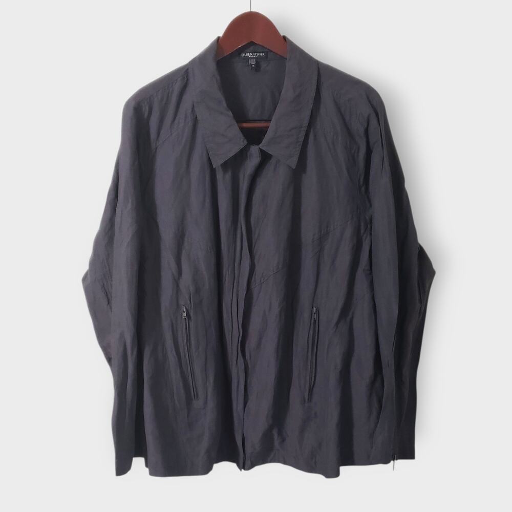 Eileen Fisher Woman 1X Crinkled Organic Cotton Nylon Zip Up Jacket Grey Modern